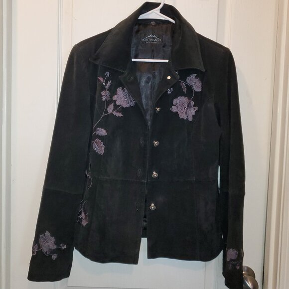 Vintage Suede Black Blazer Coat w/ Dusty Roses  -M - Picture 1 of 6